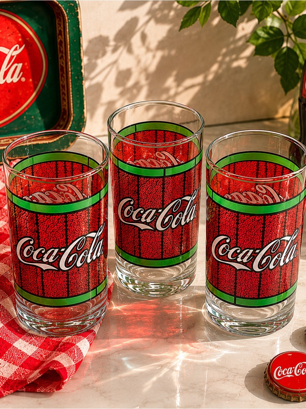 Vintage Coca-Cola Red Green Drinking Glasses Set of 3 Retro Soda Barware